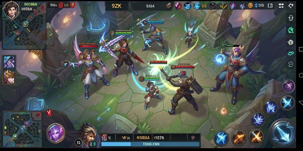 Screenshot utama 9ZK menampilkan aksi seru dalam pertempuran MOBA.