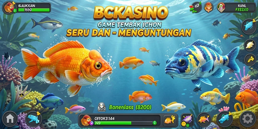 Screenshot gameplay BCKASINO yang menunjukkan aksi menembak ikan.