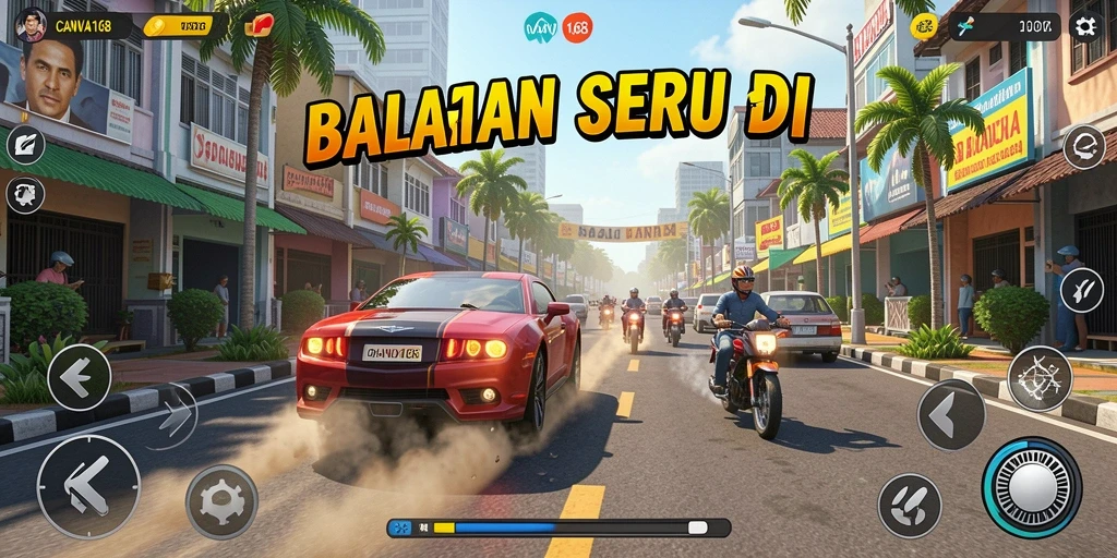 Screenshot dari gameplay seru CANVA168 dengan mobil balap di lintasan.