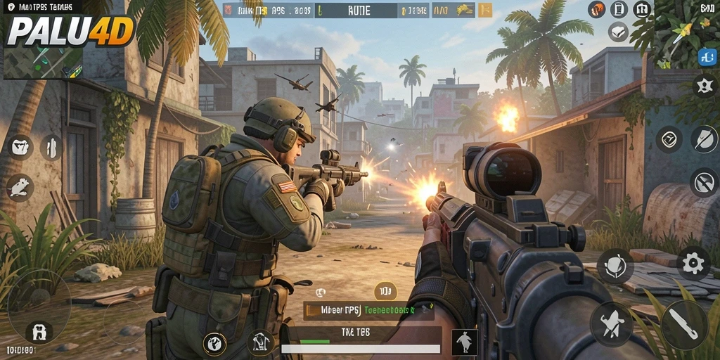 Screenshot PALU4D menampilkan aksi menembak intens dalam mode TPS.