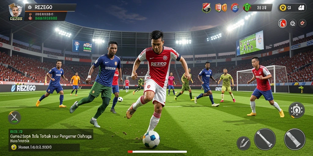 Tampilan gameplay yang seru dalam REZEGO, penuh aksi sepak bola.